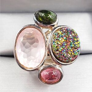 925 Sterling Silver Pink & Green Tourmaline - Pink & Druzy Quartz Statement Ring